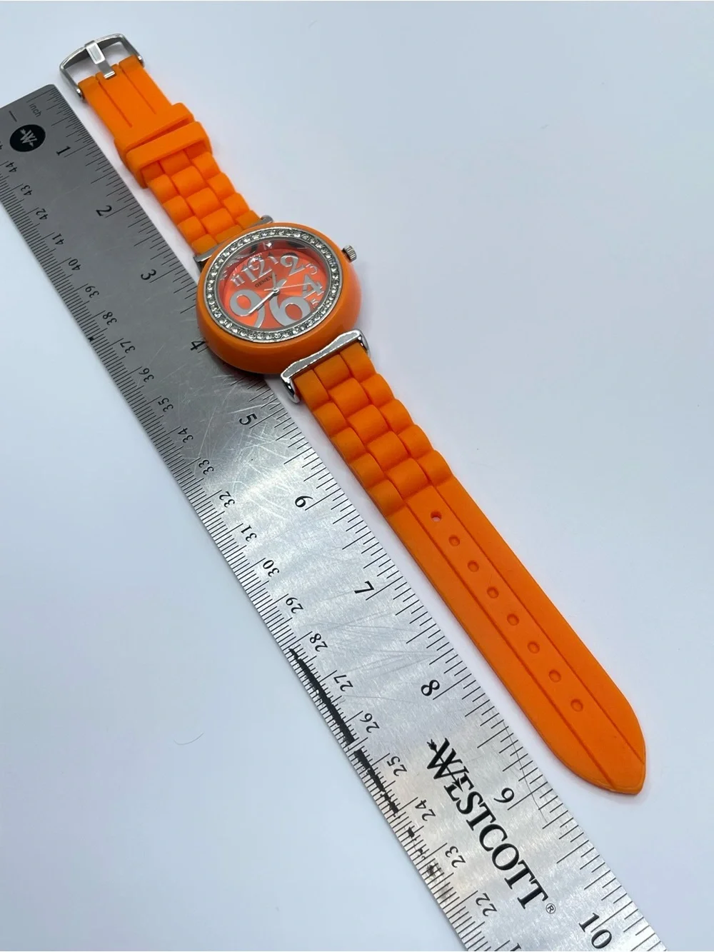 Geneva Orange Silicone Crystal Bezel Watch Silver Tone Working Modern Sleek